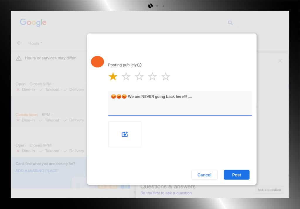 consumer leaving negative review on google